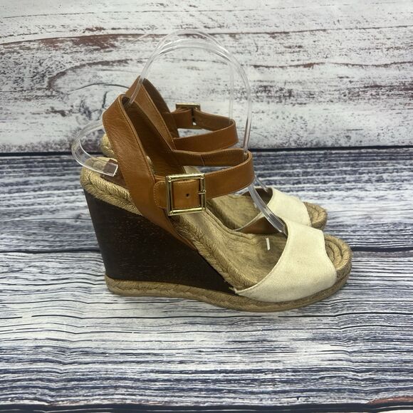 Tory Burch Espadrille Wood Wedges Brown & White Open Toe Shoes, Women’s Size 8 - Picture 1 of 8